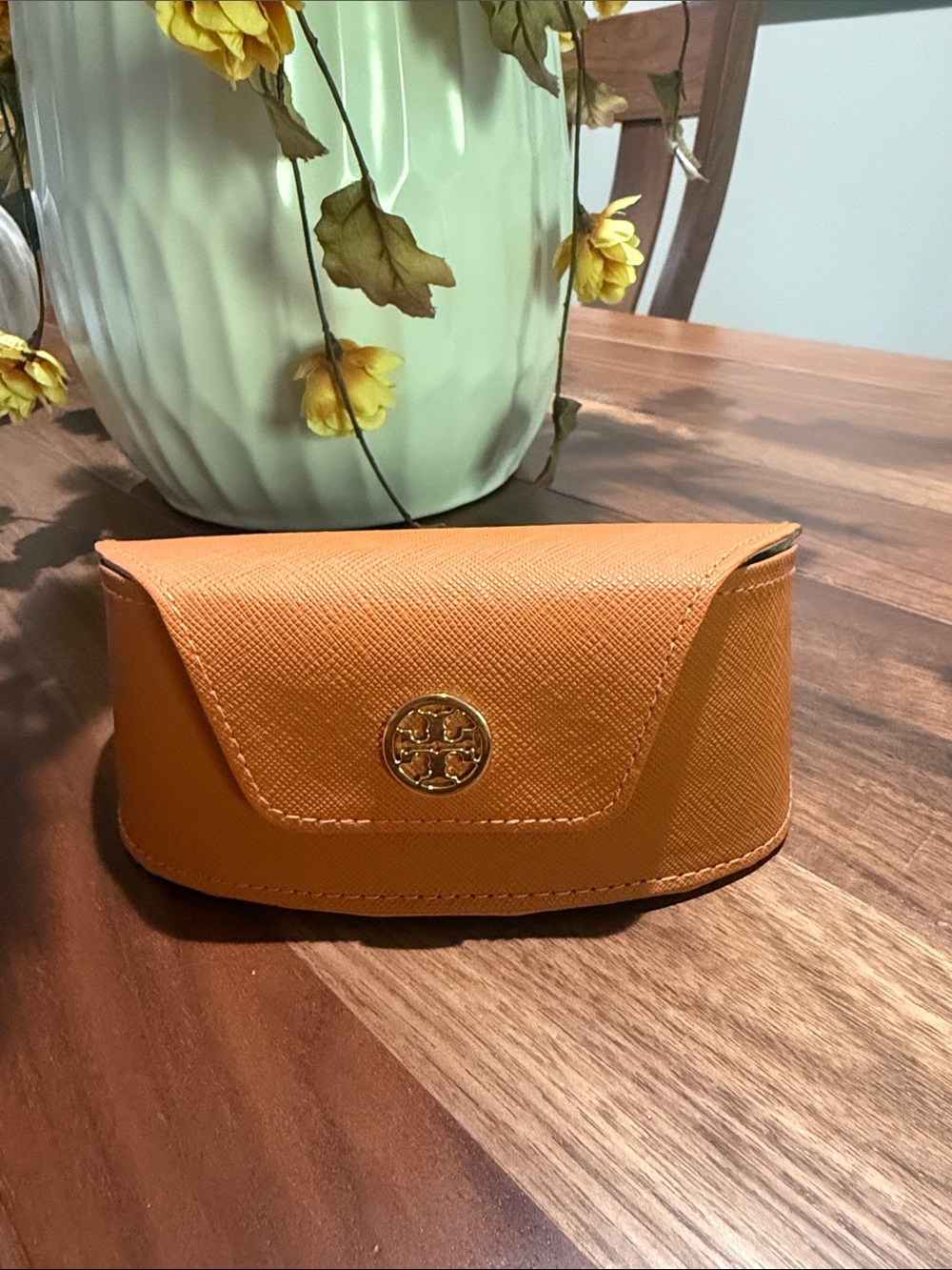 Tory Burch Orange Saffiano Sunglasses Case with Logo Plaque